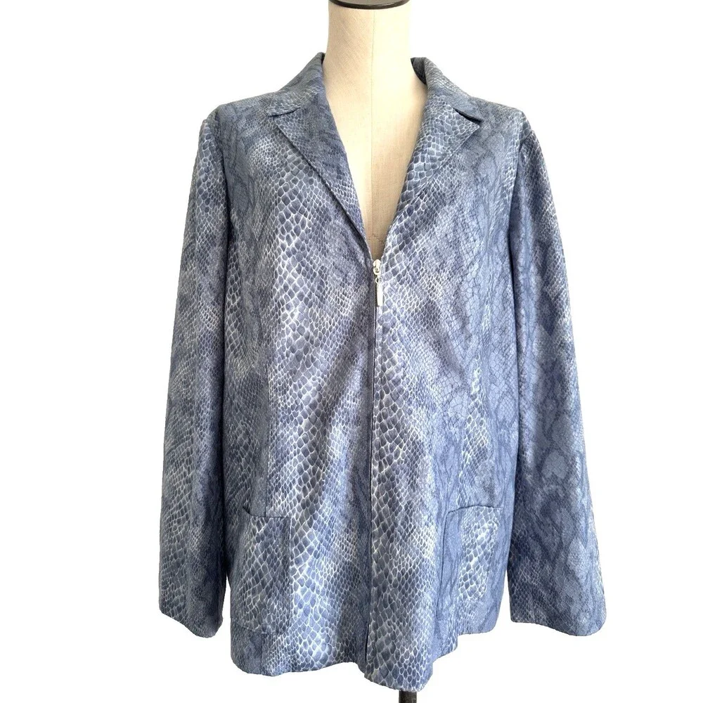 Susan Graver Jacket Blue Faux Snake Skin Zip Blazer Pockets Lined Size XL